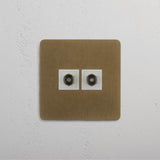 Two Port TV Single Module in Antique Brass White on White Background